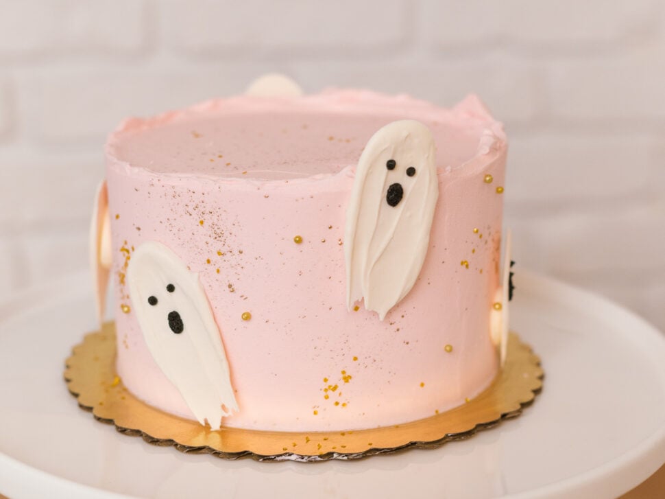 Halloween Cake ghost pink gold splatter 2
